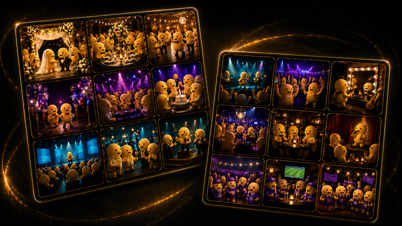 Two smart album grids showing BOTEN characters at weddings, concerts, parties, company events and fan communities
